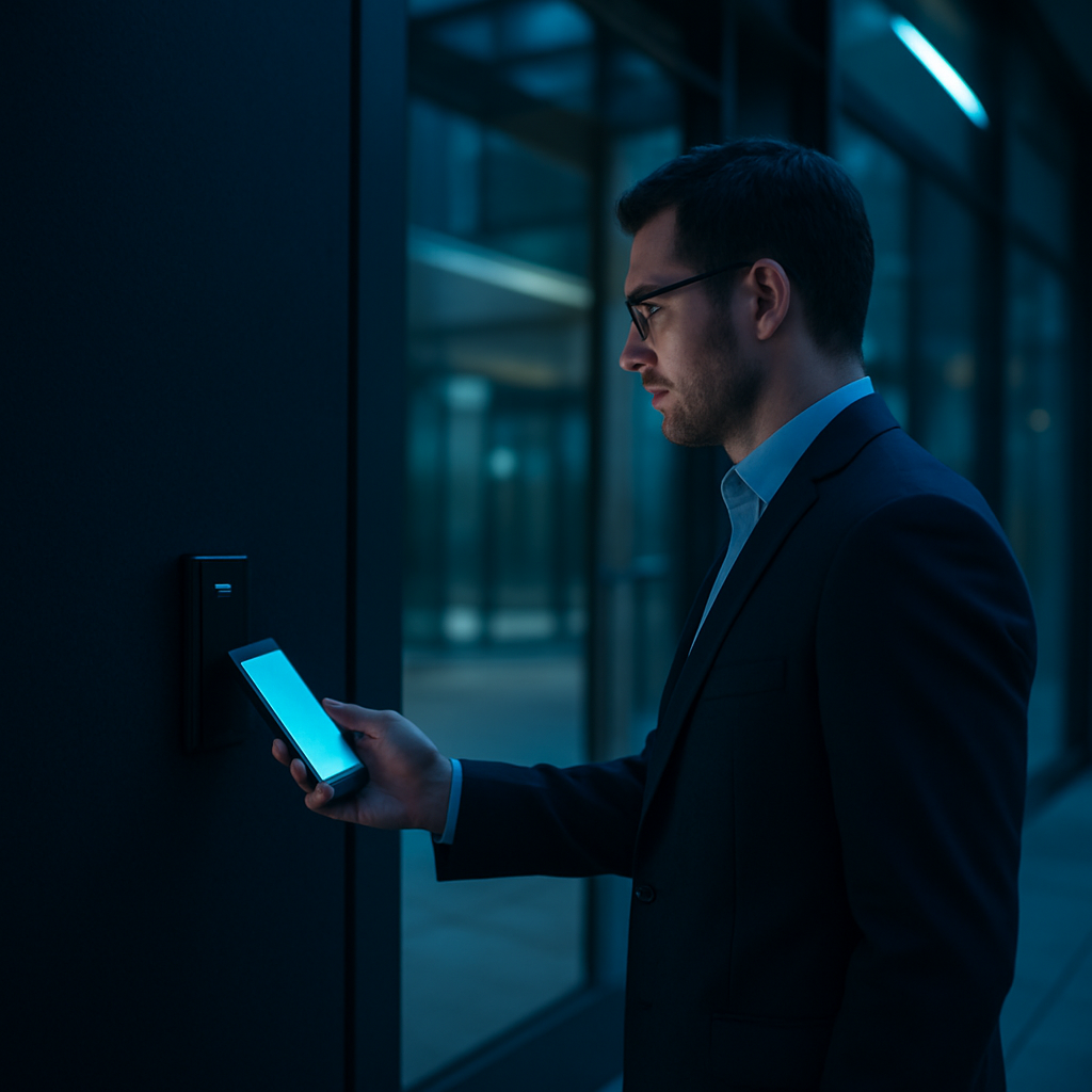 A professional unlocking a glass office door by tapping a smartphone against a sleek wall-mounted access reader at dusk