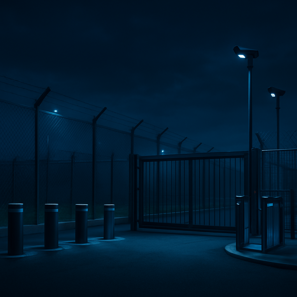 A secured facility perimeter showing layered protection working together — sensor-equipped fencing, crash-rated bollards, an automated gate, turnstiles, and cameras