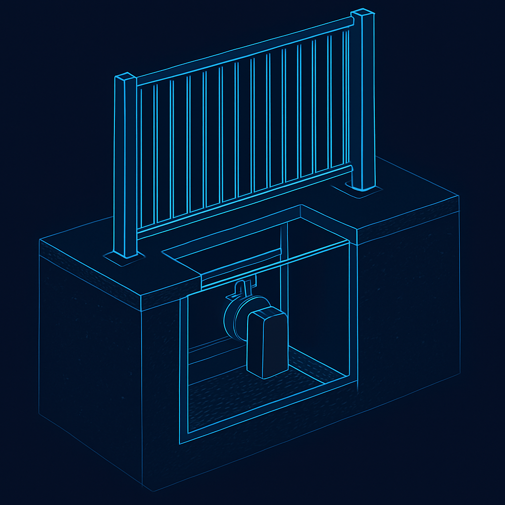 Cutaway illustration of the in-ground retractable barrier showing the underground vault, counterweight, and gate panel lowering into the ground