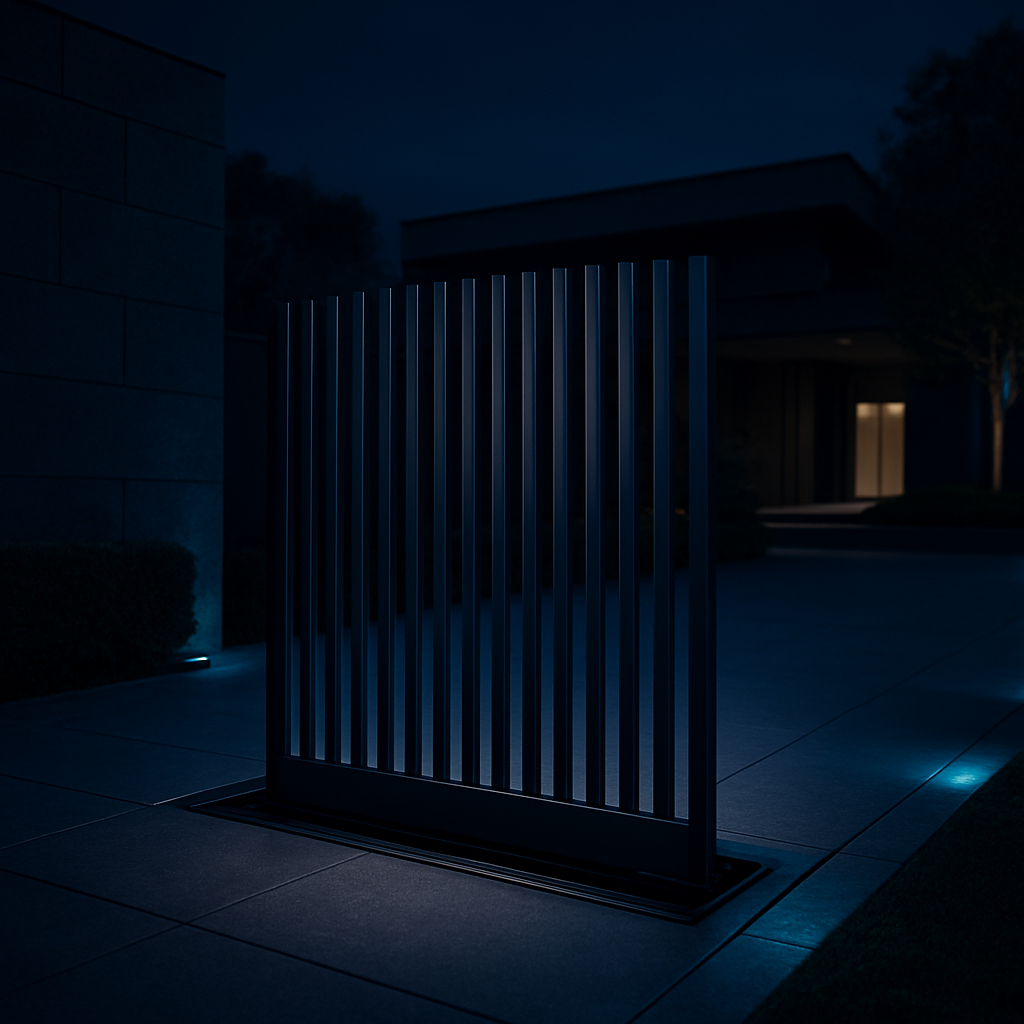 A retractable security gate of vertical pickets rising vertically out of the ground at a property entrance at dusk