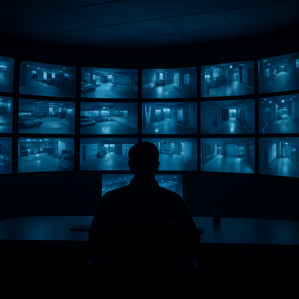 Security operations center with a wall of live camera feeds