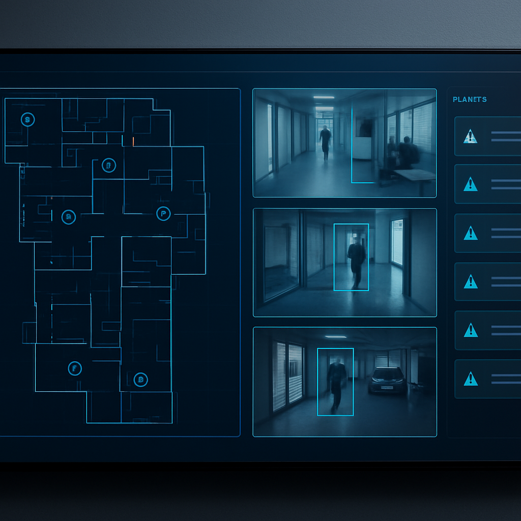 Unified security dashboard showing a floor plan, live camera feeds with AI detection, and alerts