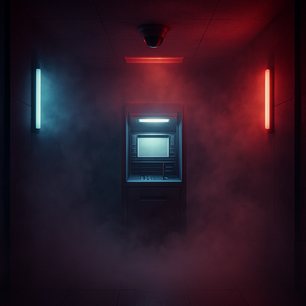 A bank ATM vestibule filling with security deterrent fog at night