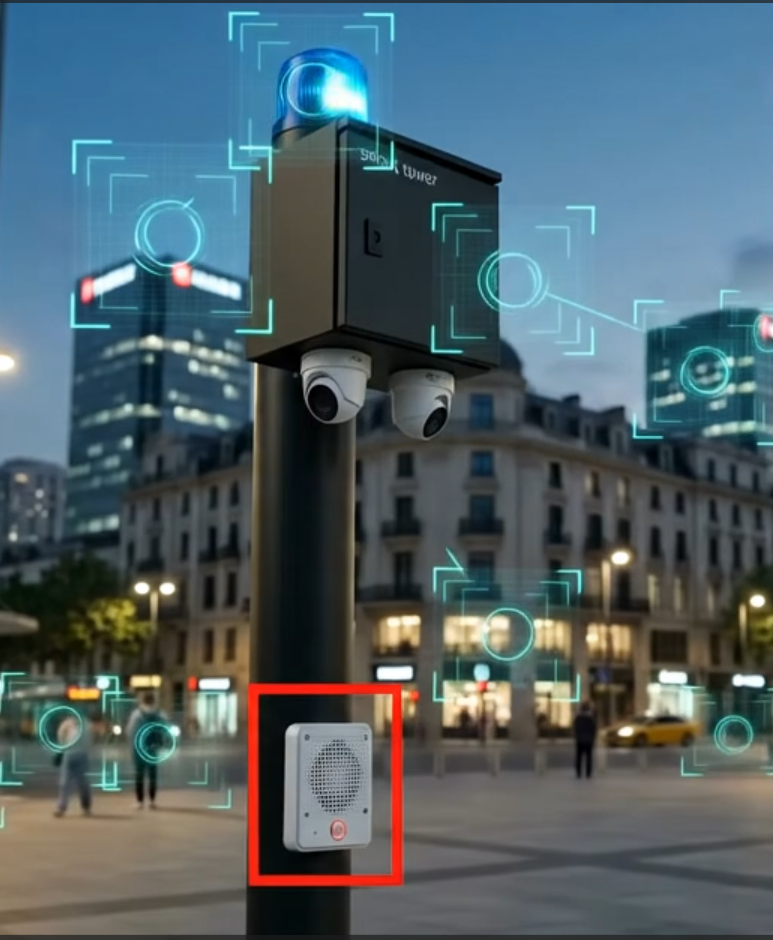 A smart-city surveillance pole with multiple cameras overlooking an urban intersection at dusk