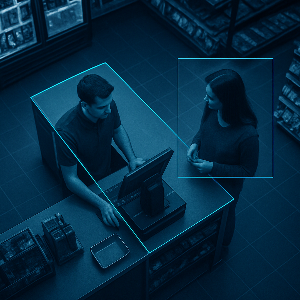 Overhead security-camera view of a retail checkout with AI detection overlays
