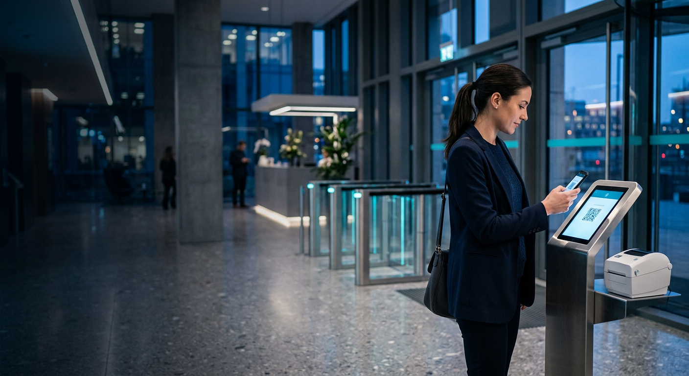 A visitor scanning a QR code on their phone at a self-service check-in kiosk in a modern office lobby